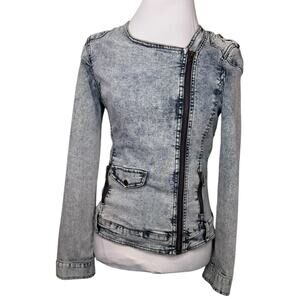 American Rag Blue Acid Wash Distressed Denim Front Zip Fitted Jacket Size Medium